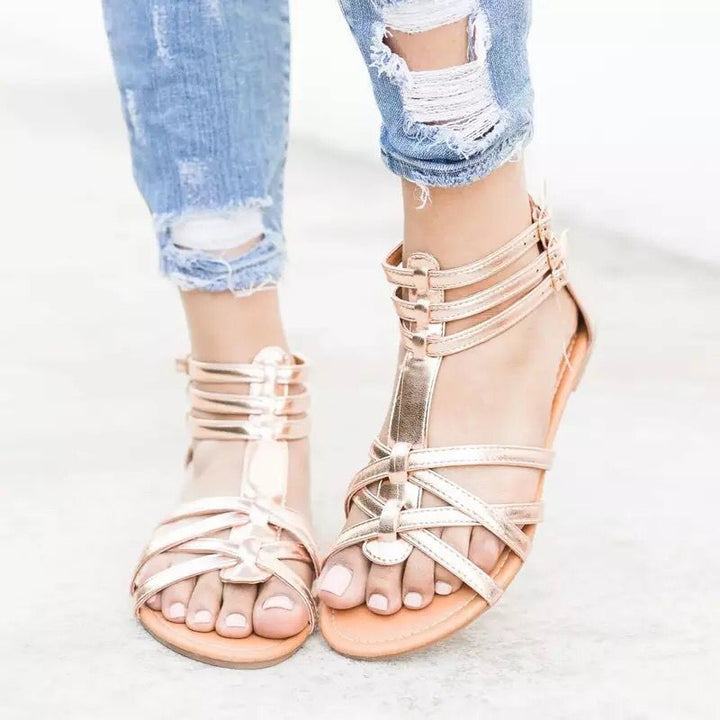 Damen Boho-Sandalen mit verstellbaren Knöchelriemen und Ethno‑Print Drune
