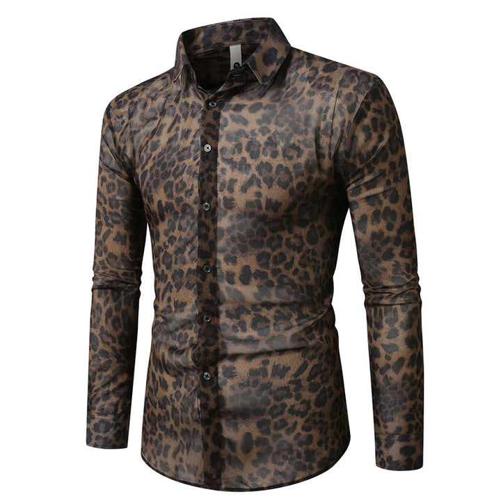 Herren nan tailliertes Langarmhemd mit auffälligem Leoprint, leichter Satinoptik und elastischem Slim Fit Drune