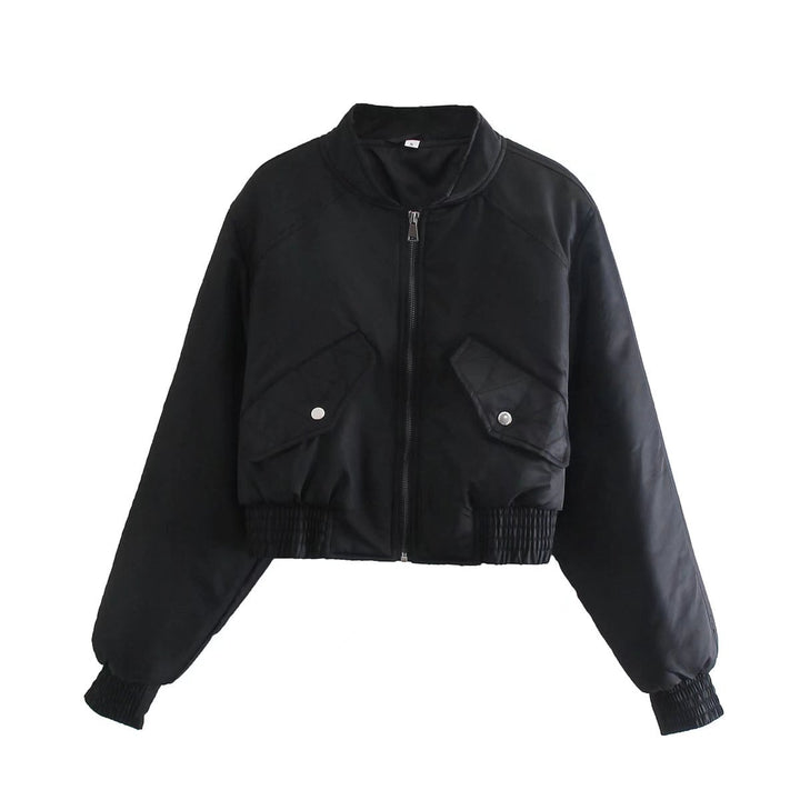 Damen nan cropped Bomberjacke mit Stehkragen, wattierter Innenlage und aufgesetzten Pattentaschen Drune