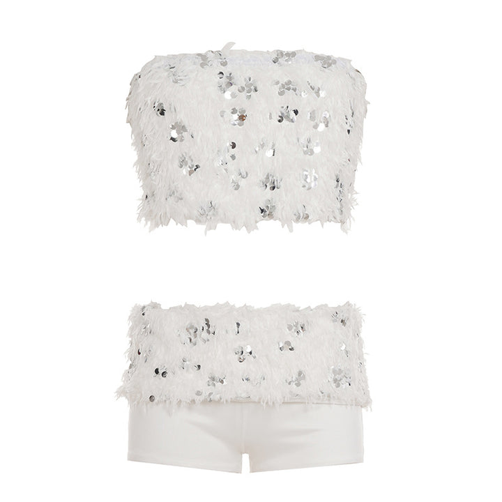 Damen Spitzen-Crop-Top mit glitzernden Pailletten Drune
