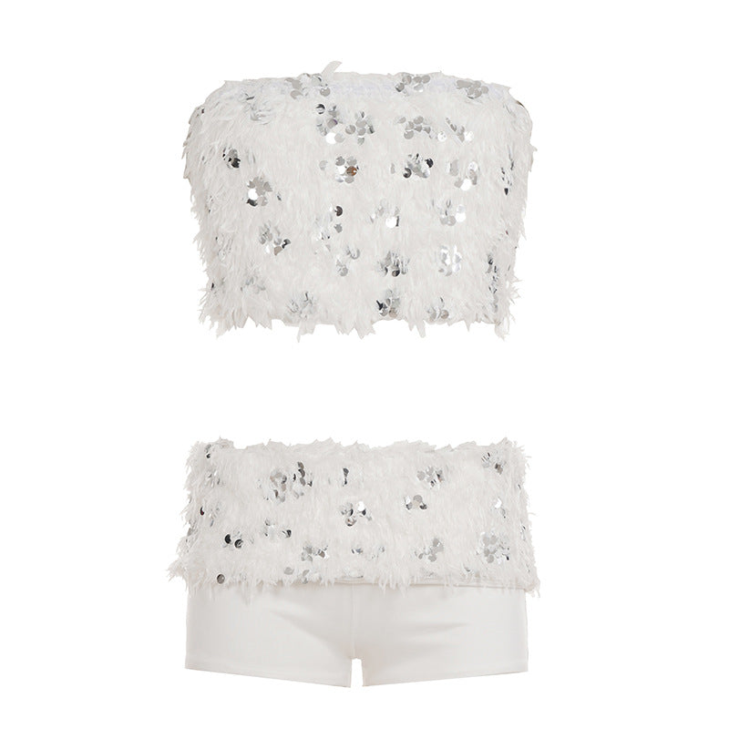 Damen schickes Oberteil und Shorts-Set mit funkelnden Pailletten und dekorativen Federn Drune