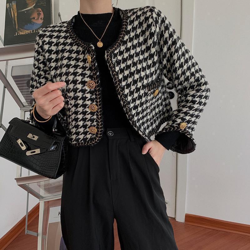 Damen Designer-Jacke im Hahnentritt-Design mit goldenen Knöpfen Drune