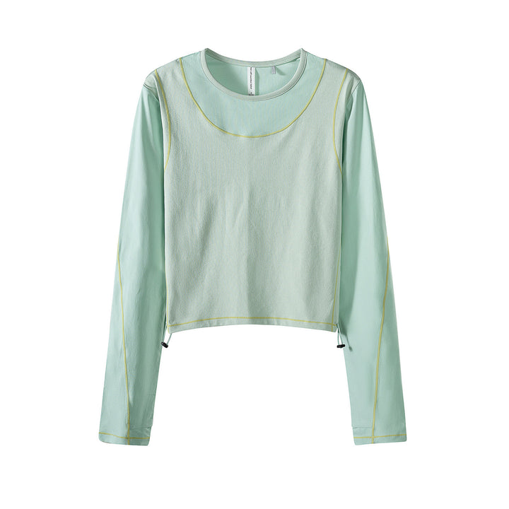 Damen Leichtes cropped Layering-Longsleeve mit Mesh-Ärmeln, Kontrastnähten und Kordelzug Drune