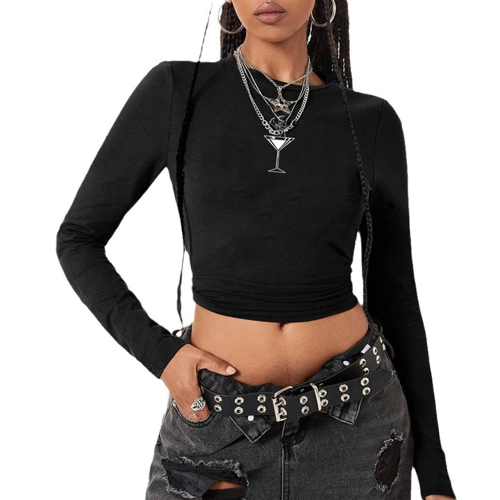 Damen nan figurbetontes langärmeliges Cropped-Shirt mit fotorealistischer Lippen-Collage und schmaler Passform Drune