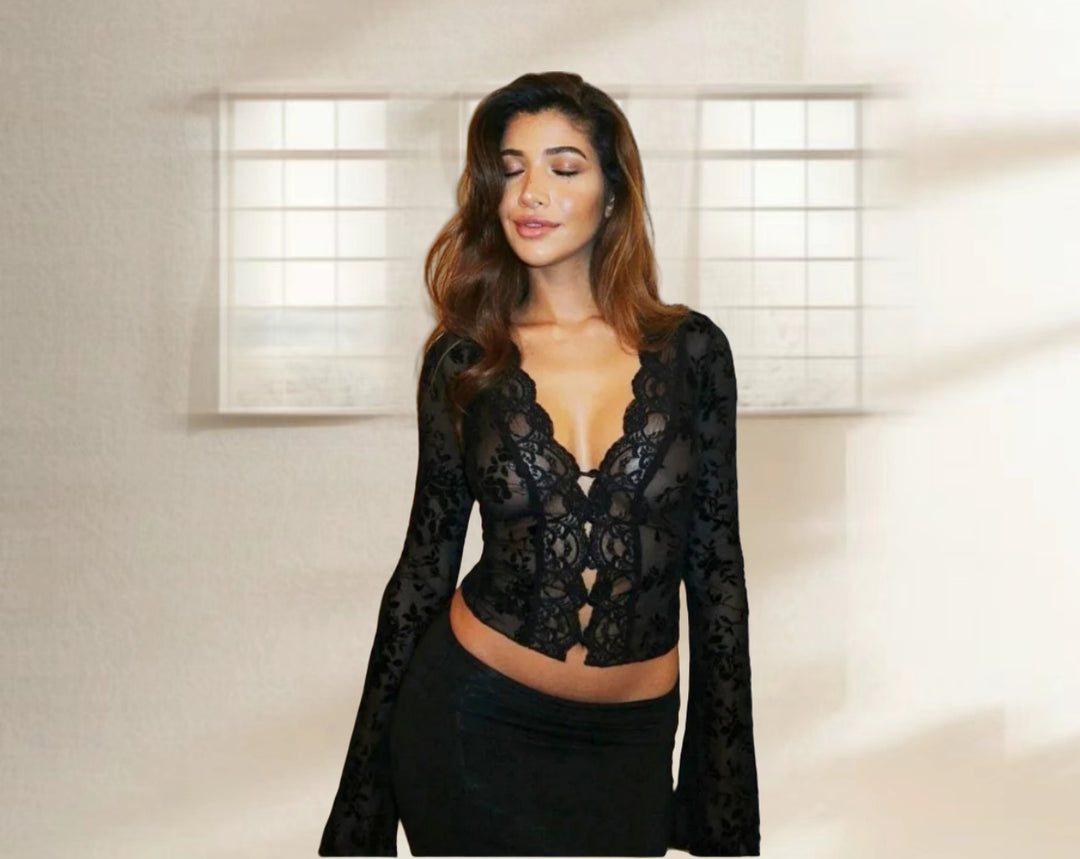 Damen Spitzenbluse mit Leopardmuster und romantischen Rüschen Drune