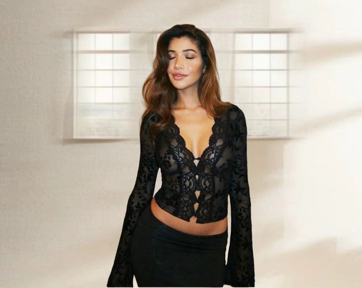 Damen Spitzenbluse mit Leopardmuster und romantischen Rüschen Drune