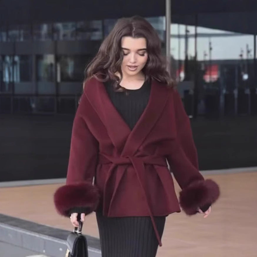 Damen Modische Jacke mit weich gefüttertem Kragen und Bindegürtel Drune