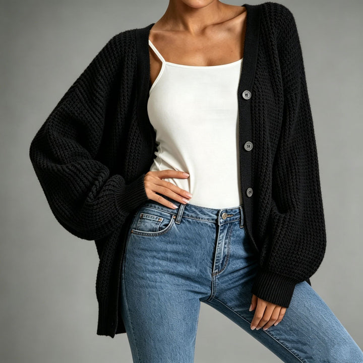 Damen Oversize Grobstrick-Cardigan mit Ballonärmeln und Knopfleiste Drune