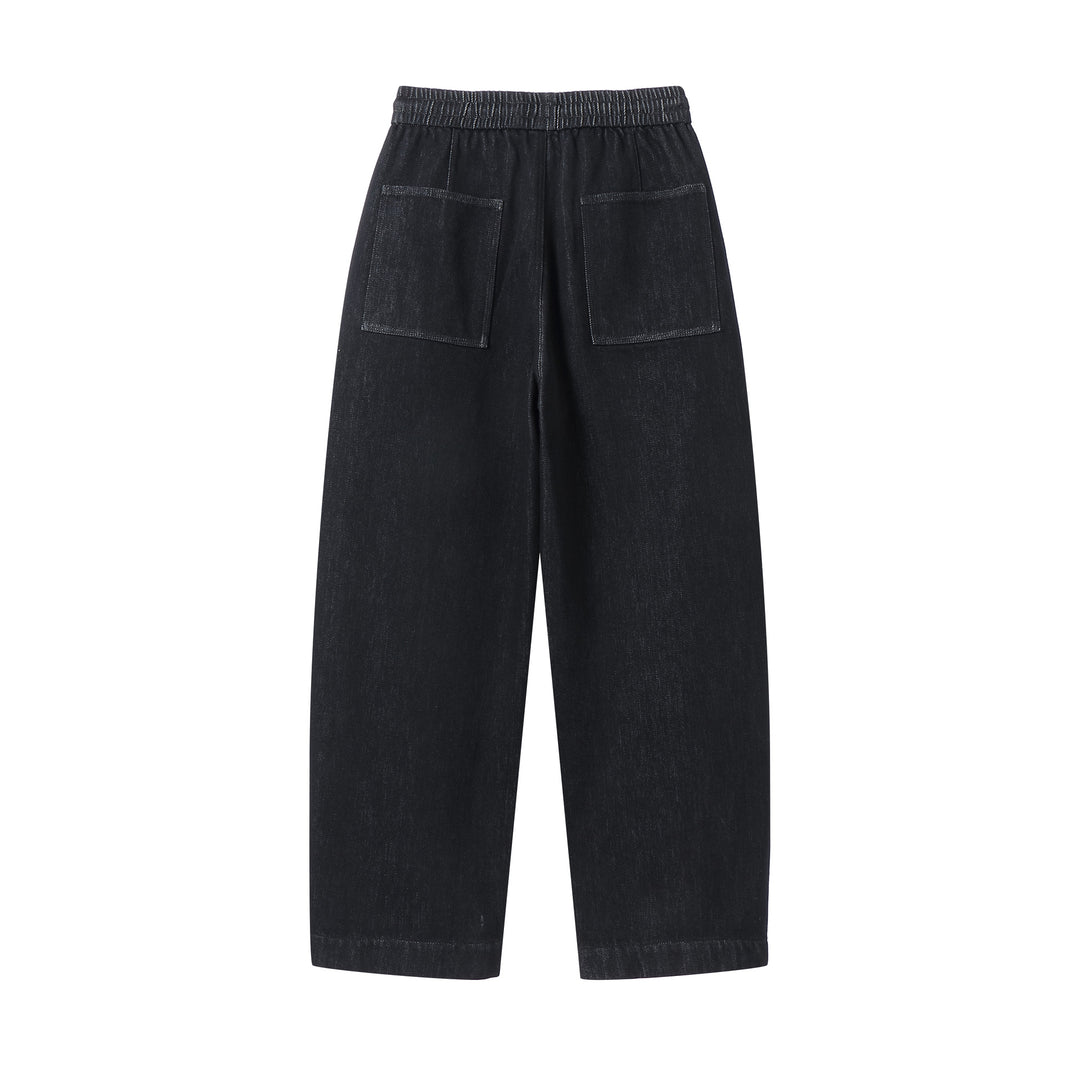 Damen weite Cropped-Denimhose mit elastischem Bund, Tunnelzug und Eingrifftaschen Drune