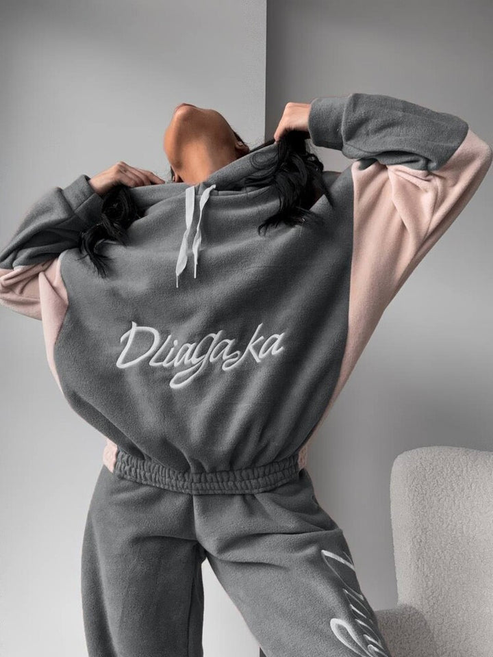 Damen kuscheliges Hoodie-Set mit kontrastärmel, elastischer High-Waist-Jogginghose und überschnittener Kapuze Drune