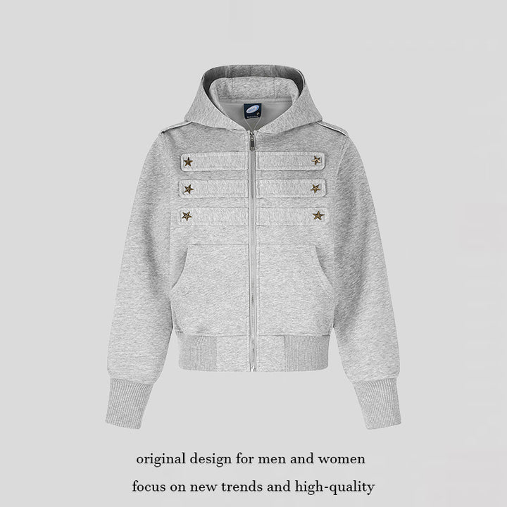 Damen Kurz geschnittene Kapuzen-Sweatjacke im Military-Camo mit dekorativen Stern‑Strapdetails Drune