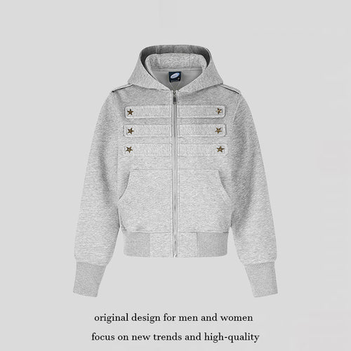 Damen Kurz geschnittene Kapuzen-Sweatjacke im Military-Camo mit dekorativen Stern‑Strapdetails Drune