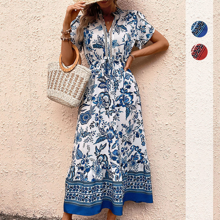 Damen Maxikleid mit floralem Design und elastischem Taillengürtel Drune