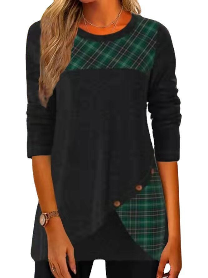 Damen Asymmetrische Tunika mit Karopatch und Zierknöpfen Drune