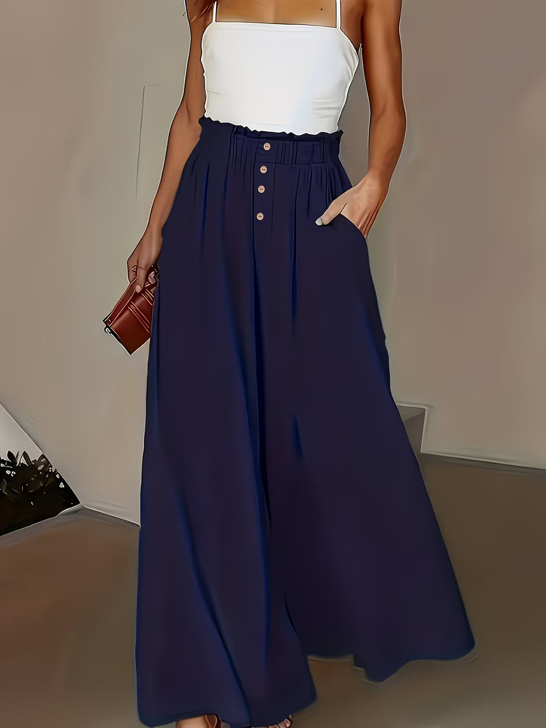 Damen weite Leinenhose mit hohem, gerafftem Bund und Knopfverzierung Drune