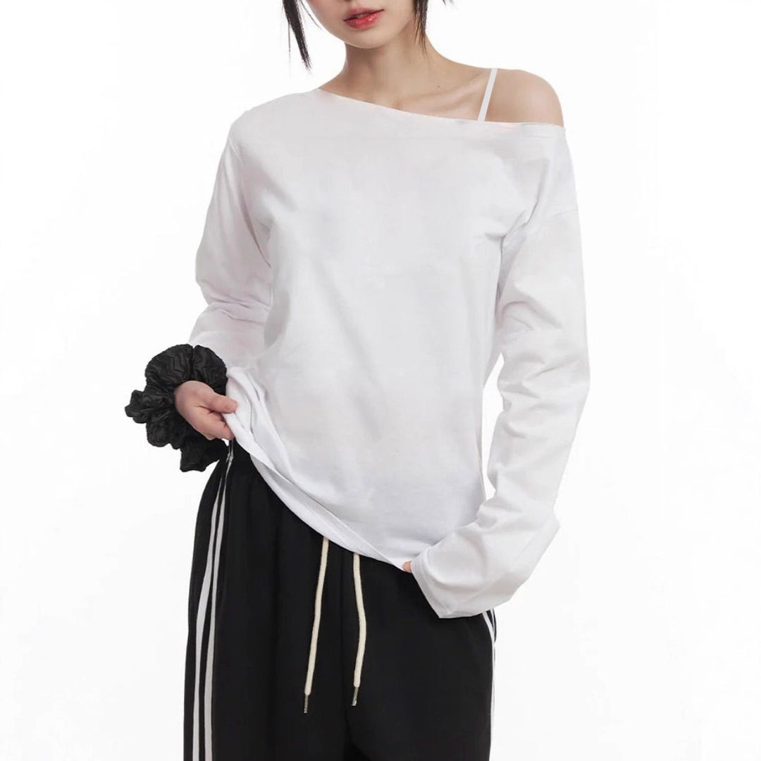 Damen nan asymmetrisches Off-Shoulder Langarmshirt aus Baumwollstretch mit lässigem Oversize-Schnitt Drune