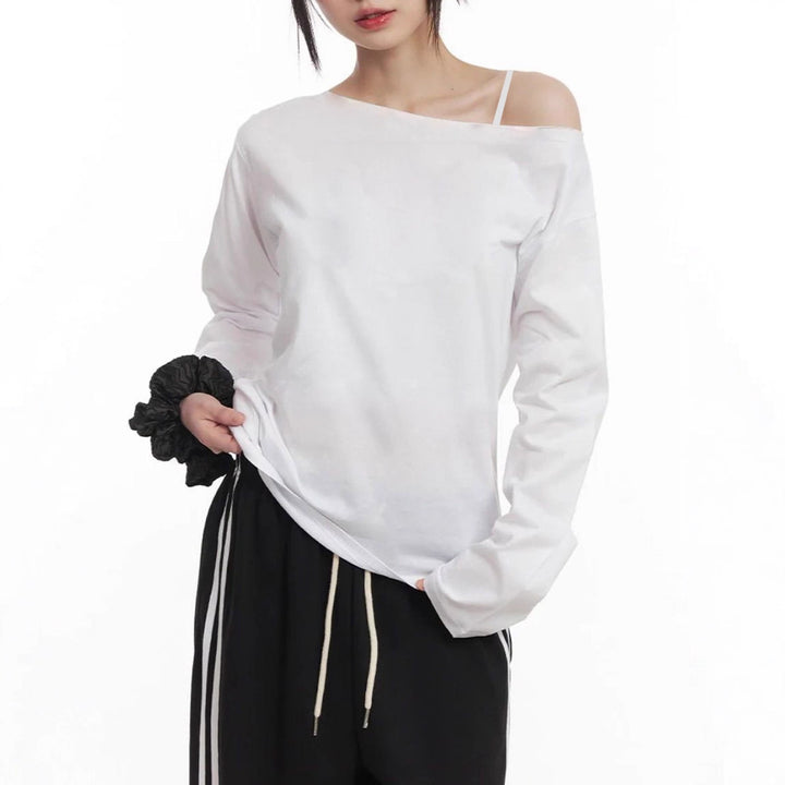 Damen nan asymmetrisches Off-Shoulder Langarmshirt aus Baumwollstretch mit lässigem Oversize-Schnitt Drune