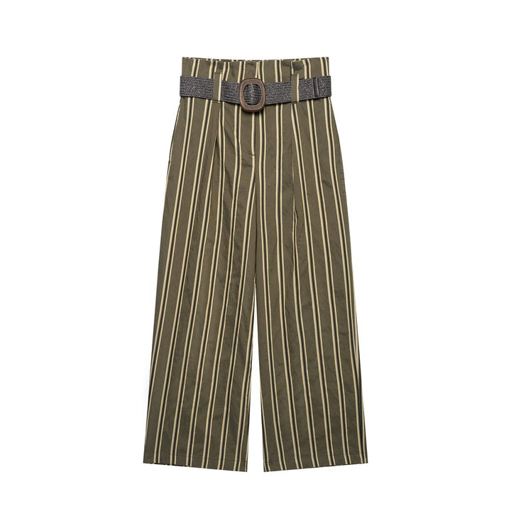 Damen Hochtaillierte weite Hose mit vertikalem Streifenmuster und Taillengürtel Drune