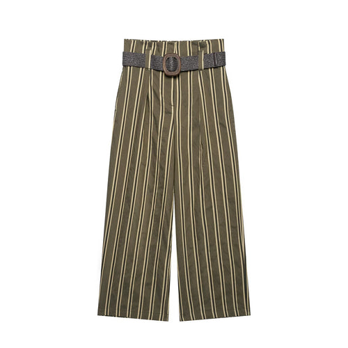 Damen Hochtaillierte weite Hose mit vertikalem Streifenmuster und Taillengürtel Drune