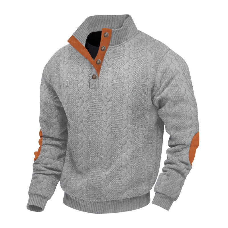 Herren nan grober Zopfstrick Troyer mit Knopfleiste und Veloursleder-Ellenbogenpatches Drune
