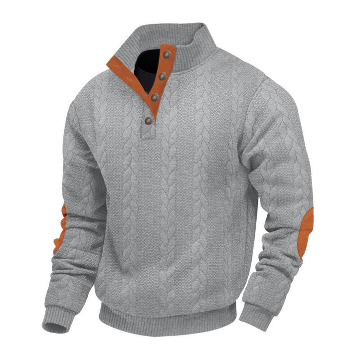 Herren nan grober Zopfstrick Troyer mit Knopfleiste und Veloursleder-Ellenbogenpatches Drune