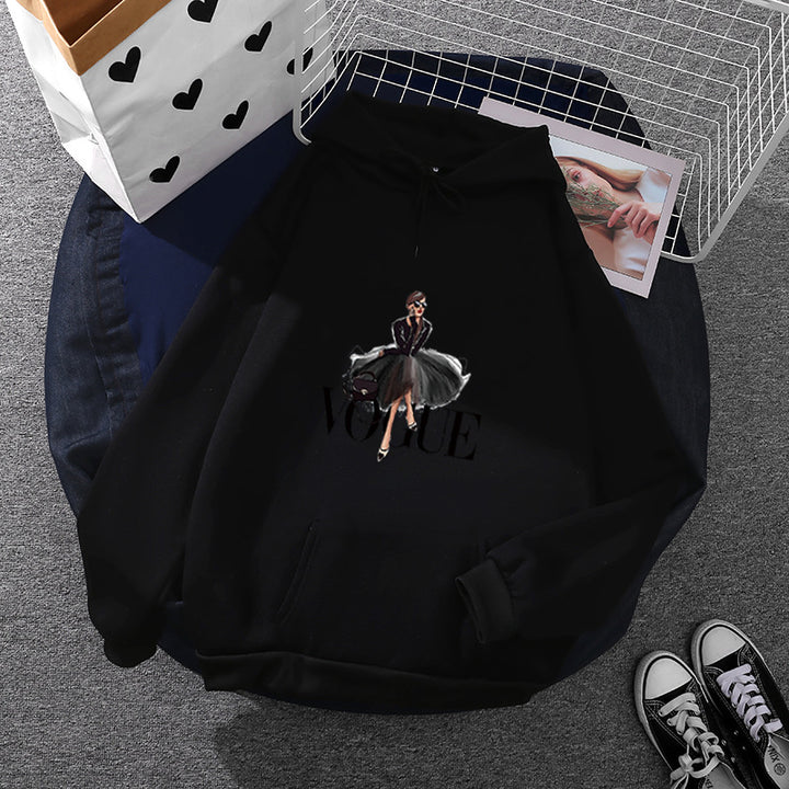 Damen nan modischer Kapuzenpullover mit Fashion-Illustration, geräumiger Eingrifftasche und kuscheligem Fleece Drune