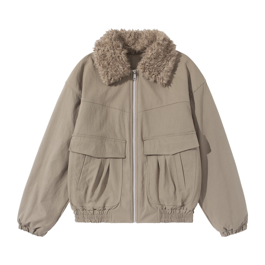 Damen Kurzblouson mit voluminösem Faux‑Fur‑Kragen, Känguru‑Taschen und elastischem Saum Drune