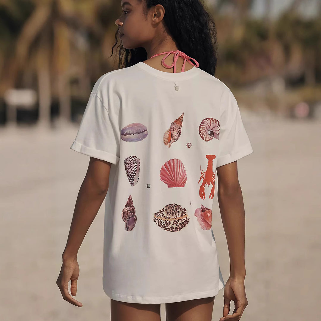Damen lässiges T-Shirt mit maritimem Muschel-Print und lockerer Passform Drune