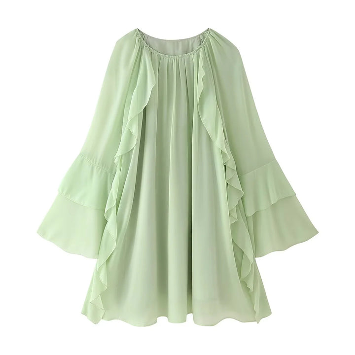 Damen nan fließendes Chiffon‑Midikleid mit Volantbesatz, weitem Glockenärmel und gerafftem Rundhalsausschnitt Drune