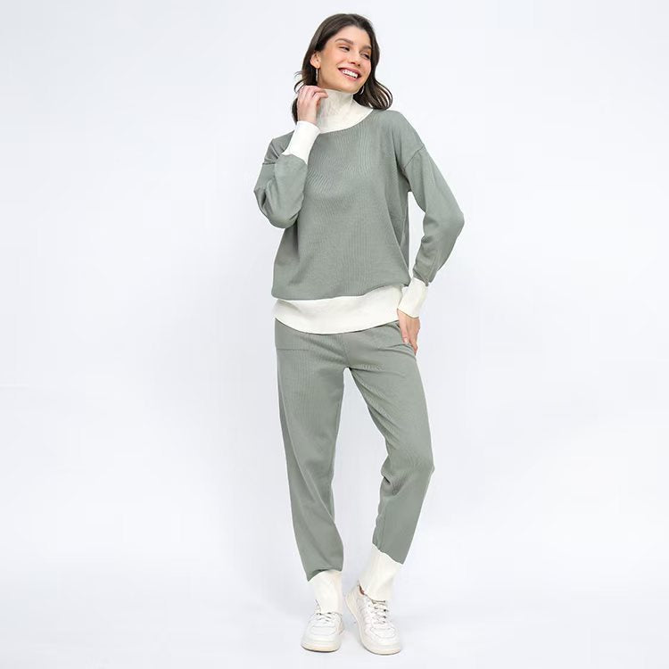 Damen komfortables Strick-Loungewear-Set mit hohem Kragen und elastischen Bündchen Drune