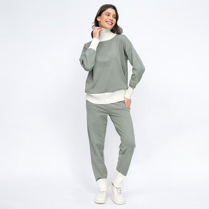 Damen komfortables Strick-Loungewear-Set mit hohem Kragen und elastischen Bündchen Drune