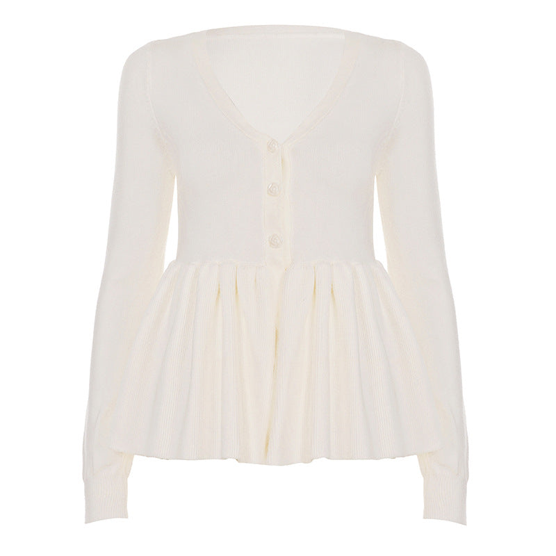Damen nan geripptes Langarm-Top mit Empire-Taille, zierlicher Knopfleiste und Spitzenbesatz Drune