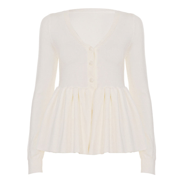Damen nan geripptes Langarm-Top mit Empire-Taille, zierlicher Knopfleiste und Spitzenbesatz Drune
