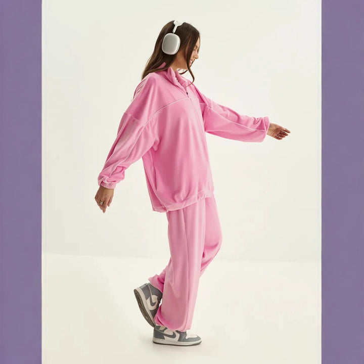 Damen Palazzo-Lounge-Set aus seidig-weichem Nicki mit hoher Kragenblende, Oversize-Passform und elastischer Bundhose Drune