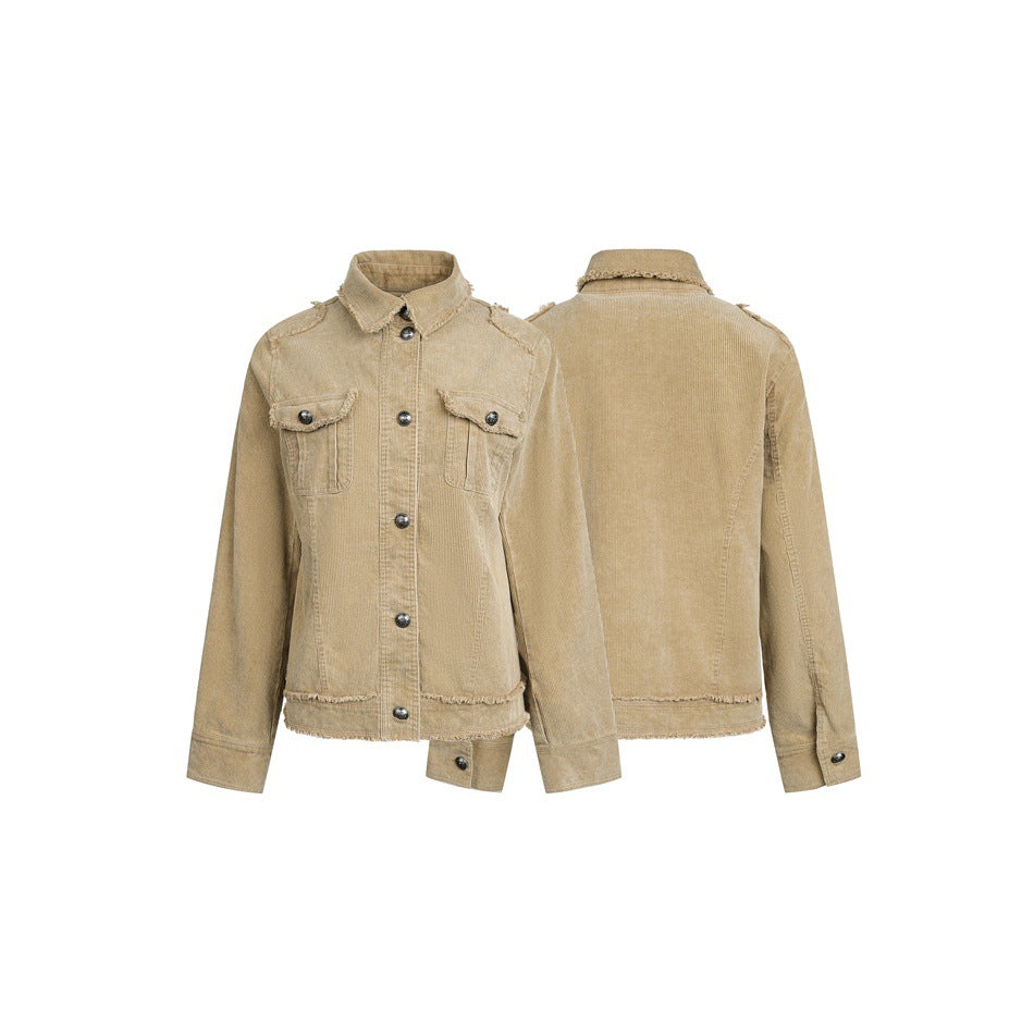 Damen Kurz geschnittene Cordjacke mit Fransenabschlüssen, Hemdkragen und Pattentaschen Drune