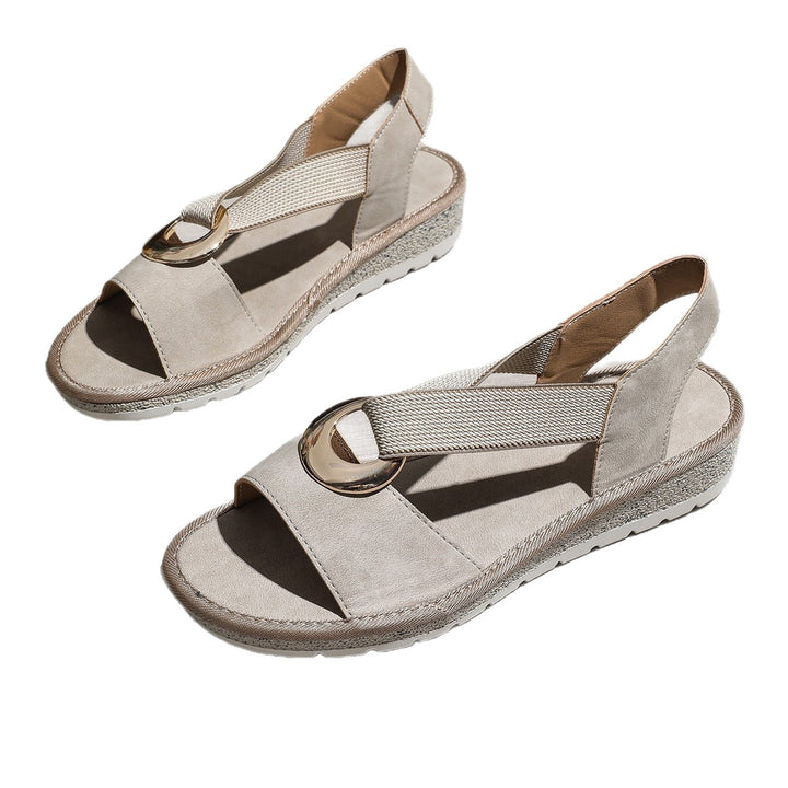 Damen Bequeme Keil‑Sandalen mit Zehensteg, elastischem Riemen und dekorativem Metallring Drune