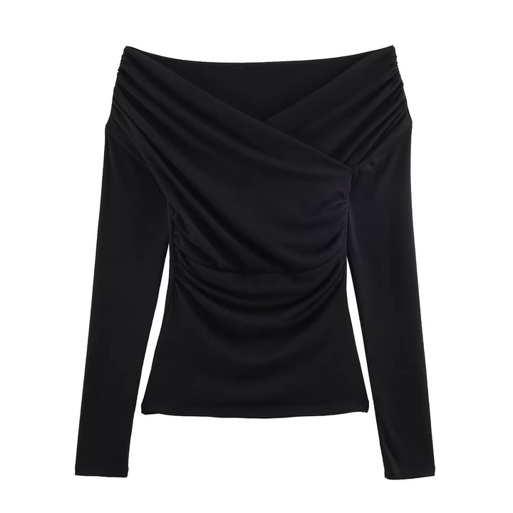 Damen Schulterfreies gerafftes Langarmtop mit Wickel‑Drapierung Drune