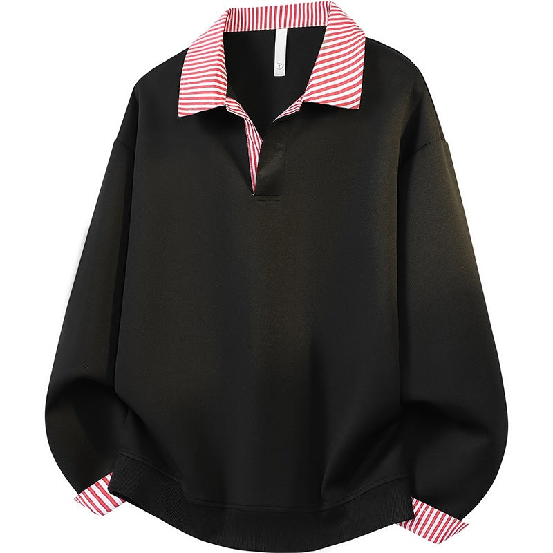Damen Oversize-Polo-Sweatshirt mit Kontrastkragen & gestreiften Manschetten Drune