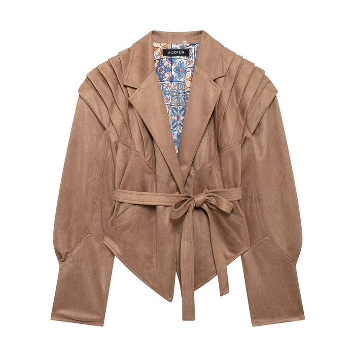 Damen Trendige Kunstlederjacke mit modischem Gürtel und raffiniertem Schnitt Drune