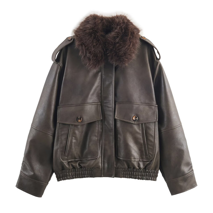 Damen Kunstlederjacke mit abnehmbarer Kunstfellkragen und praktischen Taschen Drune
