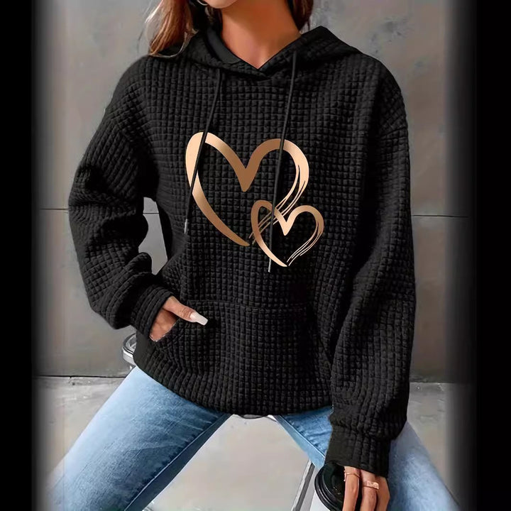 Damen Kapuzenpullover mit Waffelstruktur, Kängurutasche und Metallic-Herzprint Drune