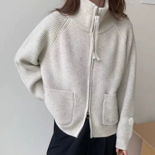 Damen Strickjacke mit hohem Kragen und praktischen Taschen Drune