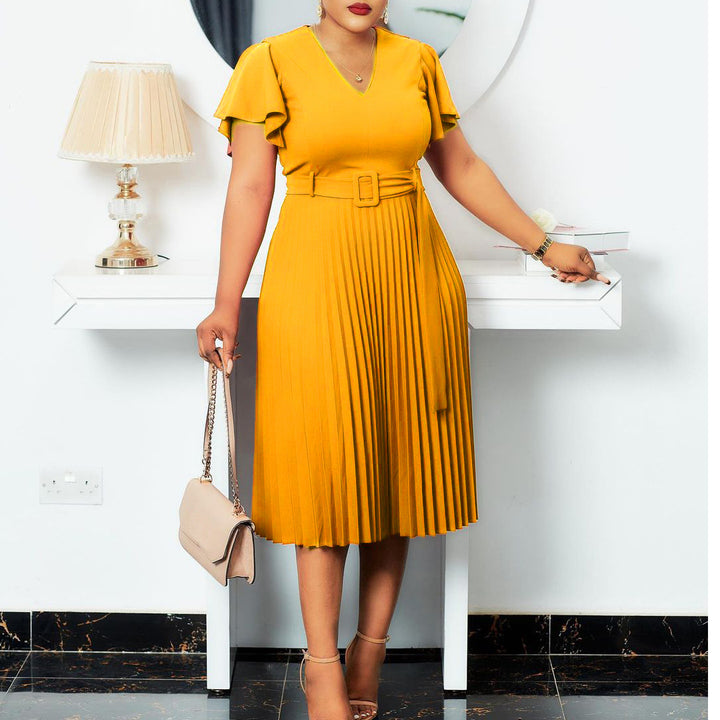Damen Plissee Kleid mit eleganter Taille und Taillengürtel Drune