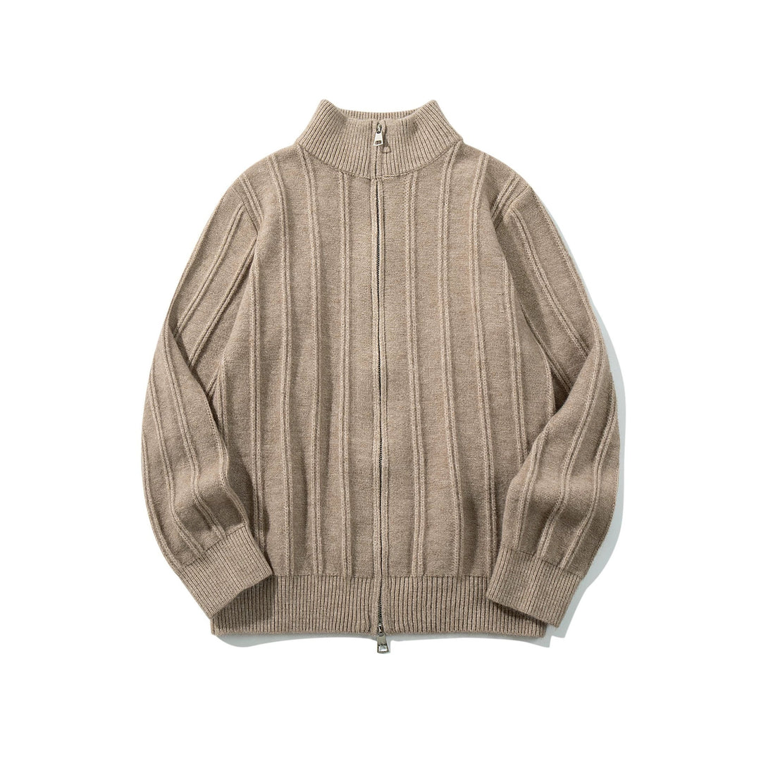 Unisex Geraffte Strick-Zipjacke mit hohem Stehkragen und vertikaler Struktur Drune