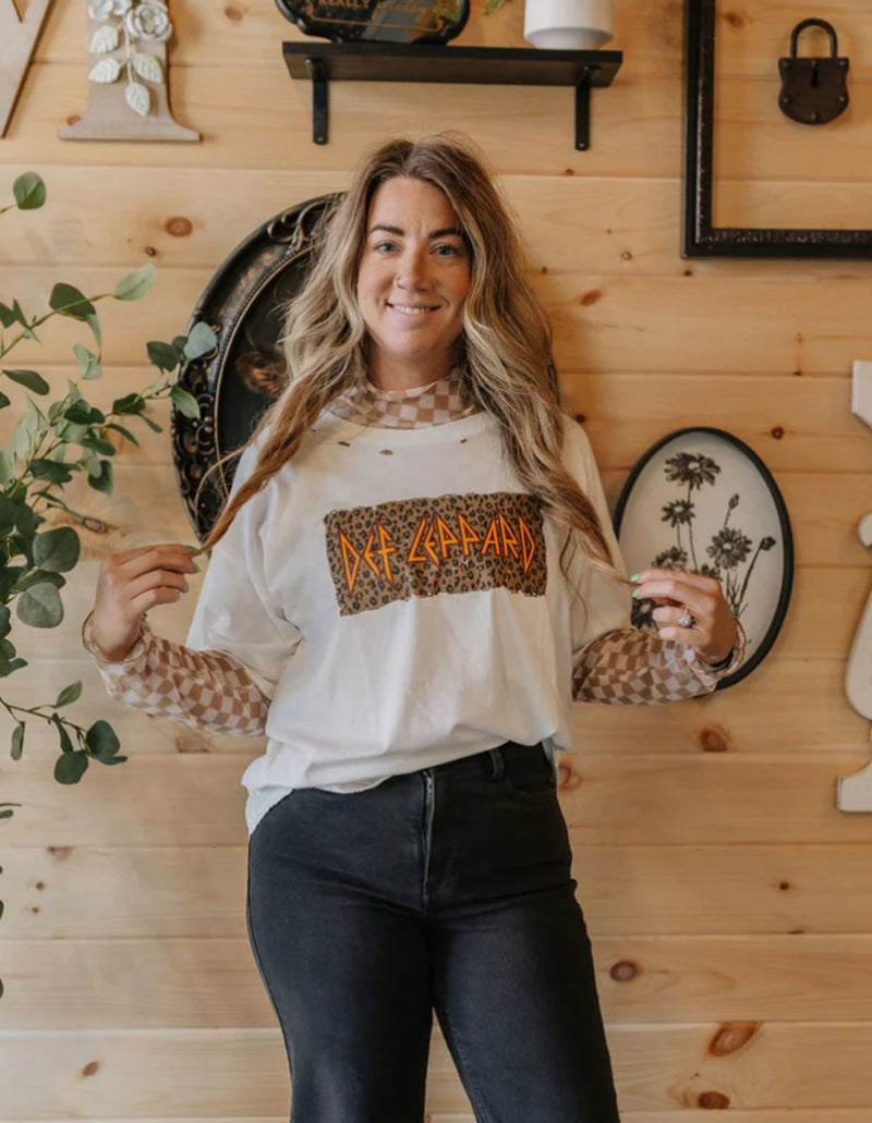 Damen nan lässiges Layer-T-Shirt mit Retro-Bandprint, Used-Optik und kariertem Mesh-Langarmtop Drune