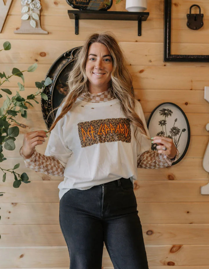 Damen nan lässiges Layer-T-Shirt mit Retro-Bandprint, Used-Optik und kariertem Mesh-Langarmtop Drune