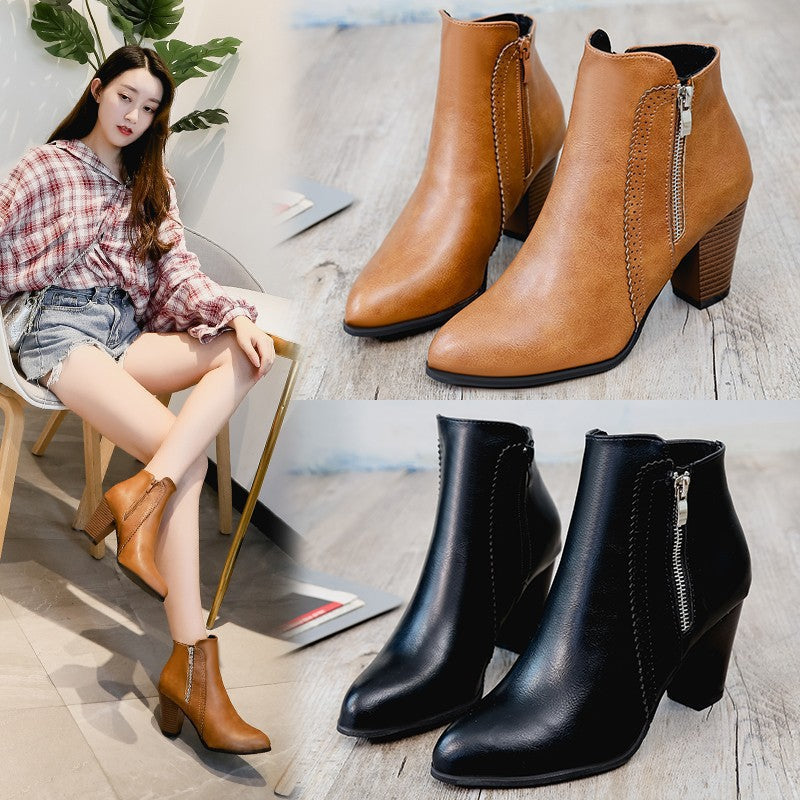 Damen elegante Stiefeletten mit modischem Reißverschluss und komfortablem Blockabsatz Drune
