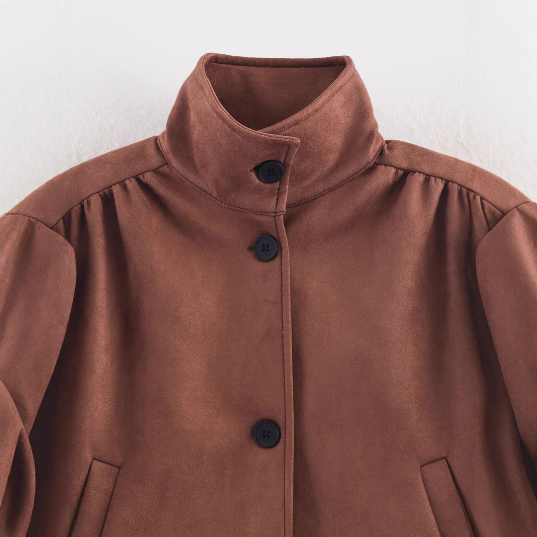 Damen Kurz geschnittene Wildlederoptik-Jacke mit Stehkragen, Ballonärmeln und Leistentaschen Drune