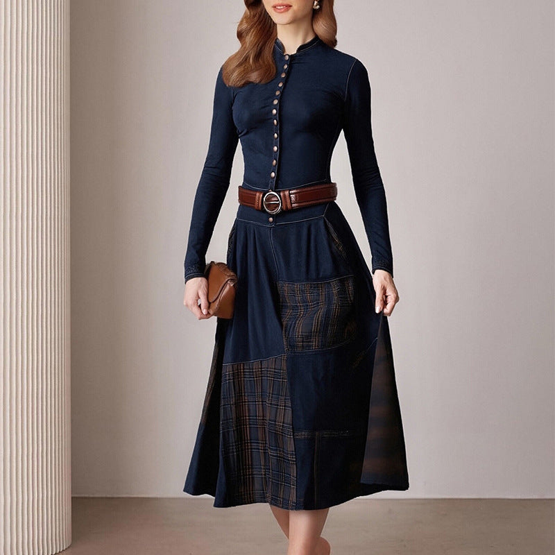 Damen Elegantes Midi-Kleid mit Knopfleiste und Kontrastdetails Drune