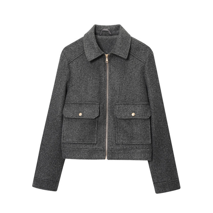 Damen nan kurze taillierte Tweedjacke mit durchgehendem Reißverschluss, aufgesetzten Pattentaschen und Kentkragen Drune